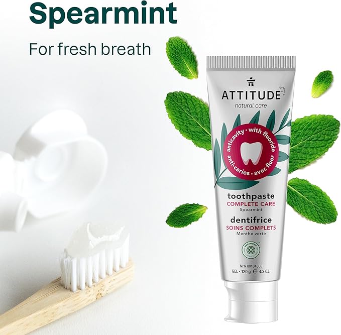 ATTITUDE Complete Care Toothpaste with Fluoride, Spearmint Flavor, Vegan & Cruelty-Free, Sugar-Free, Plant & Mineral-Based Ingredients, Clean Oral Care, 4.2 Oz-Ruum Studio Home