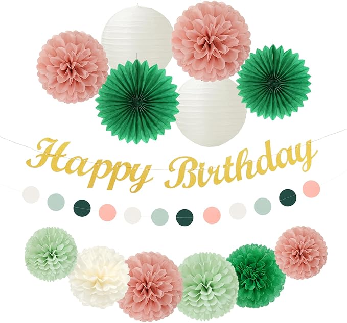 Sage-Green Pink Birthday Party-Decorations Paper-Flowers - 14pcs Happy Banner Spring Lanterns Tissue Pom Poms,Boho Streamers Garland Fans,Neutral Rustic Garden Office Hanging Supplies Decor Hugfond-Ruum Studio Home