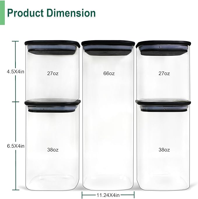 Urban Green Glass Jars with Black Bamboo Lids, food storage sets with airtight black lids, Glass Canisters Sets, Kitchen Organizing Jars (5 Sets of 27oz, 38oz, 66oz)-Ruum Studio Home
