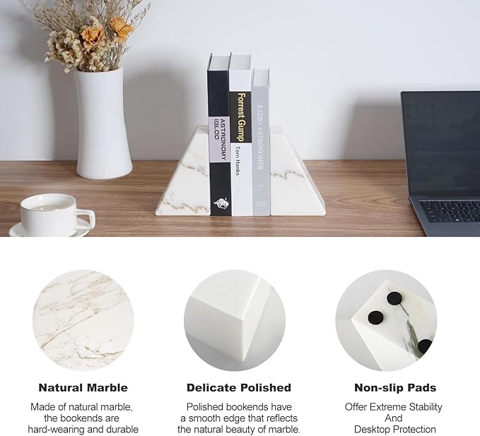 Marble Book Ends White, Heavy Duty Book Ends for Shelves, Decorative Natural Book Stopper，Unique Decorative Bookend for Home Shelves Calacatta Natural Marble Bookend, Set of 2-Ruum Studio Home