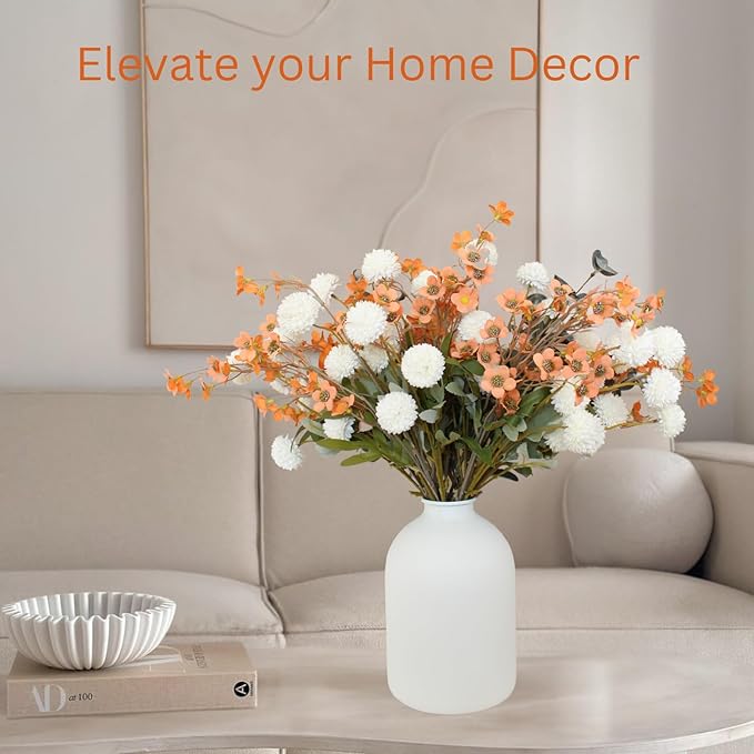 RyddeligHome Artificial White Kiku & Orange Wax Flowers, Bulk Silk Flowers with Long Stems for Vases, Spring Floral Stems Arrangements for Home Decor, Centerpieces for Tables, Rustic Decorations-Ruum Studio Home