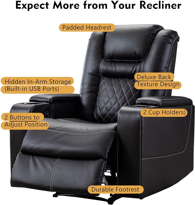 CANMOV Electric Power Recliner Chair with USB Ports and Cup Holders, Breathable Leather Home Theater Seating with Hidden Arm Storage (Black)-Ruum Studio Home