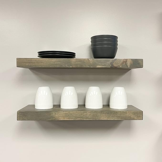 URBANDI, Rustic Floating Shelves, Set of 2, Hidden Bracket, Solid Wood, Heavy Duty, Wall Mounted Shelves, (Grey, 12Wx10D)-Ruum Studio Home