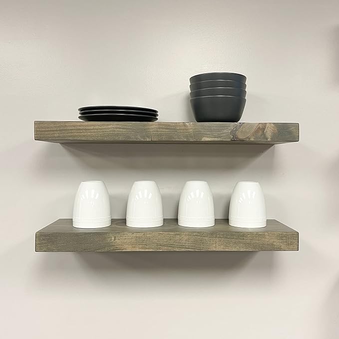 URBANDI, Rustic Floating Shelves, Set of 2, Hidden Bracket, Solid Wood, Heavy Duty, Wall Mounted Shelves, (Grey, 36Wx12D)-Ruum Studio Home