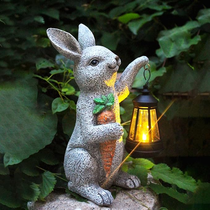 Garden Statues Rabbit Solar Lantern Outdoor Handmade Resin Statue Bunny with Cute Carrot for Patio, Yard,Mother's Day Gift Ideas (rabbit1)-Ruum Studio Home