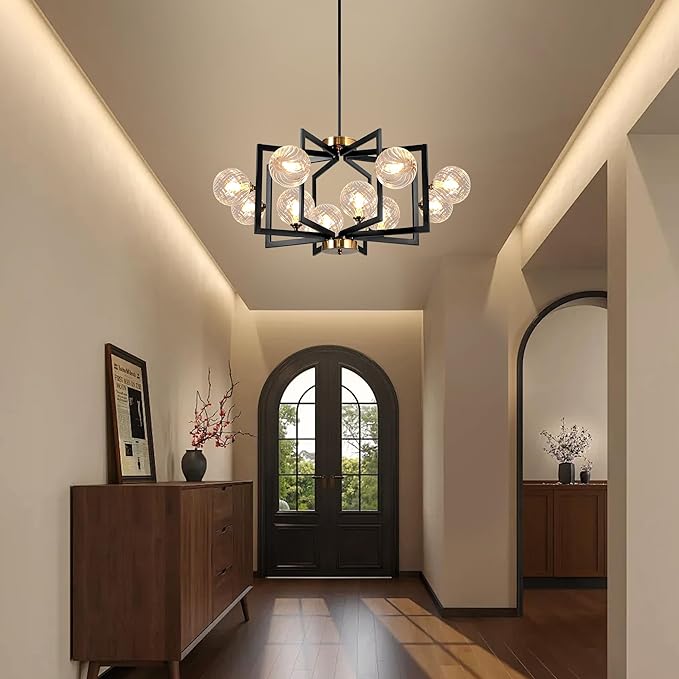 12 Light Black Farmhouse Chandelier Geometric Metal Dining Room Light Fixture Height Adjustable Black Chandeliers for Dining Room Clear Glass Farmhouse Industrial Pendant Lights for Bedroom, Entryway-Ruum Studio Home