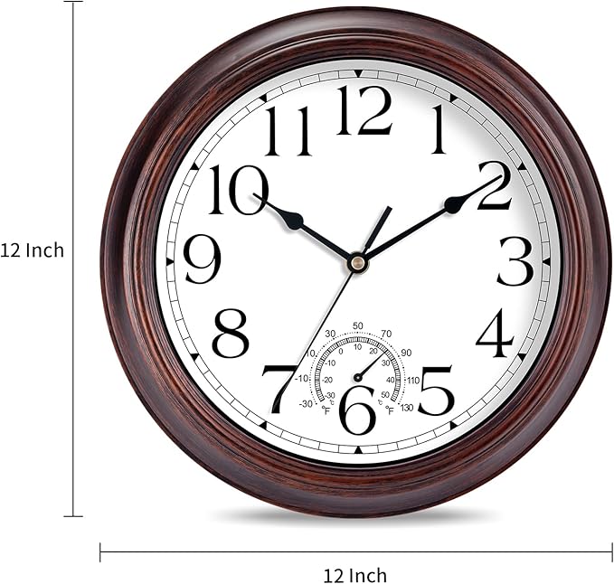 12 Inch Outdoor Wall Clock with Thermometers, Vintage Silent Wall Clocks Battery Operated, Retro Non-Ticking Clock Decorative for Living Room, Patio, Kitchen, Office, Bathroom, Bedroom(Bronze)-Ruum Studio Home