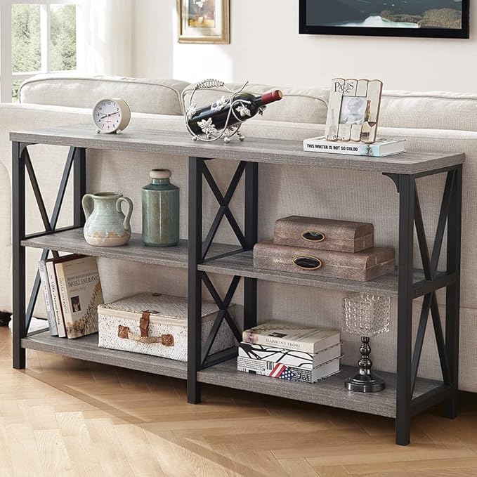 LVB Rustic Sofa Table, Farmhouse Console Table for Living Room, Hallway entryway Table with Storage, Entry Table for Foyer, Light Grey Oak, 55 Inch-Ruum Studio Home