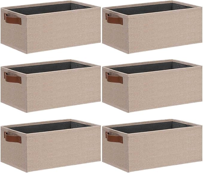 GhvyenntteS Small Fabric Storage Bins 6 Pack, 11.8" x 7.87" x 5.11" Storage Basket with Leather Handles, Closet Storage Bins for Shelves, Storage Baskets for Shelves, DVD Storage (Beige Yellow)-Ruum Studio Home
