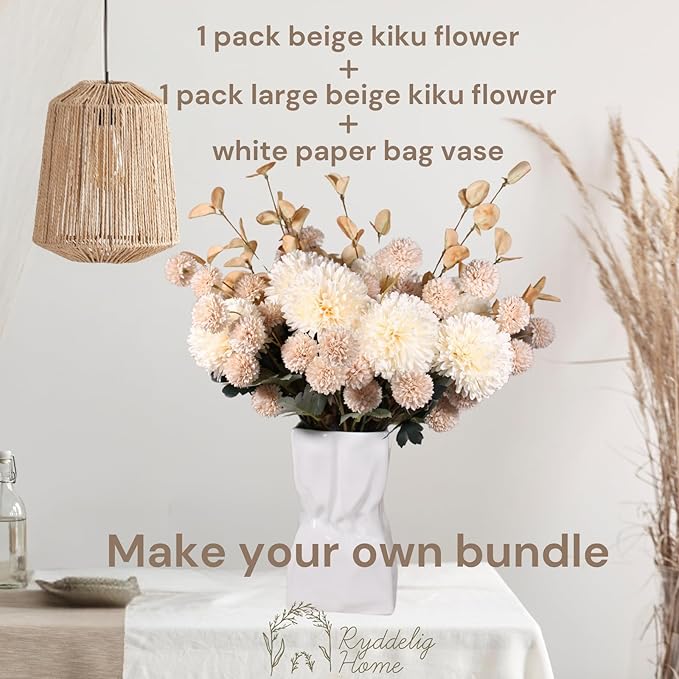 Large Kiku Flower Beige 10 Stems, Silk Flowers Bulk Boho Bouquet, Large Artificial Flowers, Tall Flowers With Long Stems, Realistic faux flowers Neutral Home Decor, Flores Artificiales Para Decoracion-Ruum Studio Home