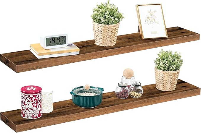 HOOBRO Floating Shelves for Wall, Wall Mounted Shelf Set of 2, 47.2" Hanging Shelf with Invisible Brackets, for Wall Bathroom, Bedroom, Toilet, Kitchen, Living Room, Office, Rustic Brown BF120BJP201-Ruum Studio Home