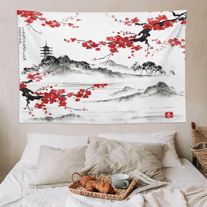 Cherry Blossoms Tapestry, Japanese Fuji Mountain Tapestry, Asian Japanese Wall Tapestry, Nature Landscape Tapestries for Bedroom Living Room Decor 90"x60"-Ruum Studio Home