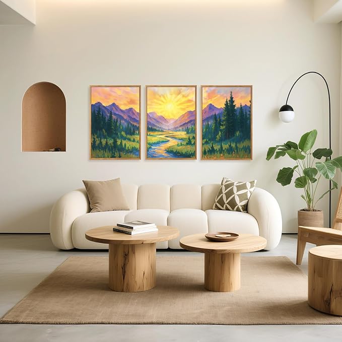HPNIUB Vintage Mountain Framed Canvas Wall Art Set, Boho Sunrise Art Prints, Forest Nature Wilderness Art Paintings, Modern Farmhouse Pine Tree Wall Decor for Living Room Bedroom, Office- 16"x24"x3-Ruum Studio Home