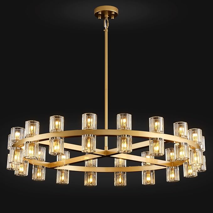 Modern 36" Gold Round Chandelier Light Fixture, K9 Crystal Chandeliers for Dining Room, Living Room, Dining Room Chandeliers Over Table, Chandelier for Bedroom, Foyer, Includes 36XG4 Bulbs-Ruum Studio Home