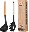 Silicone Pasta Fork and Ladle Spoon Set with Wooden Handle, Heat Resistant Non Stick Kitchen Utensils for Cooking, Stirring, Serving Spaghetti, Soup, Sauce(BLACK)-Ruum Studio Home
