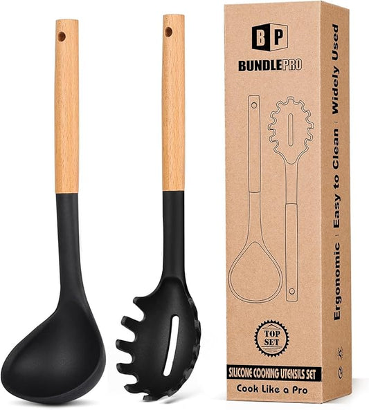 Silicone Pasta Fork and Ladle Spoon Set with Wooden Handle, Heat Resistant Non Stick Kitchen Utensils for Cooking, Stirring, Serving Spaghetti, Soup, Sauce(BLACK)-Ruum Studio Home