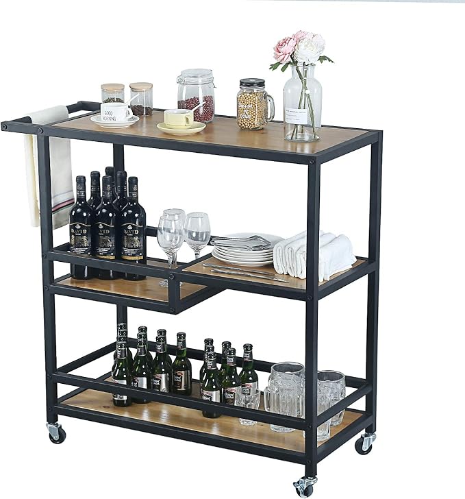 Bar and Serving Cart Industrial & Modern Rustic Rolling Bar and Serving Cart,3-Tiered Wood & Metal Kitchen Bar Cart Island with Wheels,Move Storage Coffee/Wine Island Shelf,Black-Ruum Studio Home