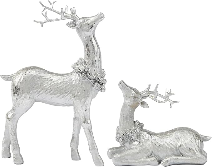 DN DECONATION Christmas Reindeer Figurines, Winter Deer Small Statues Decor, Silver Decorative Reindeer Sculptures, Resin Xmas Holiday Home Décor Accents for Office Living Room & Bedroom 2PCS-Ruum Studio Home