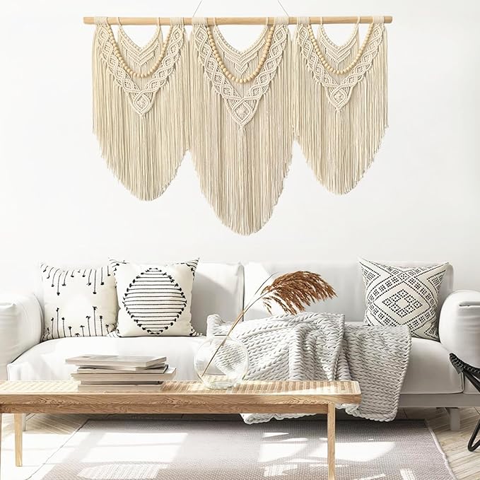 large macrame wall hanging - Boho Tapestry Macrame Wall Decor Art- Chic Bohemian Handmade Woven Tapestry Home Decoration for Bedroom Living Room Apartment Wedding Party - 43"x32" (Beige-Wood Bead)-Ruum Studio Home