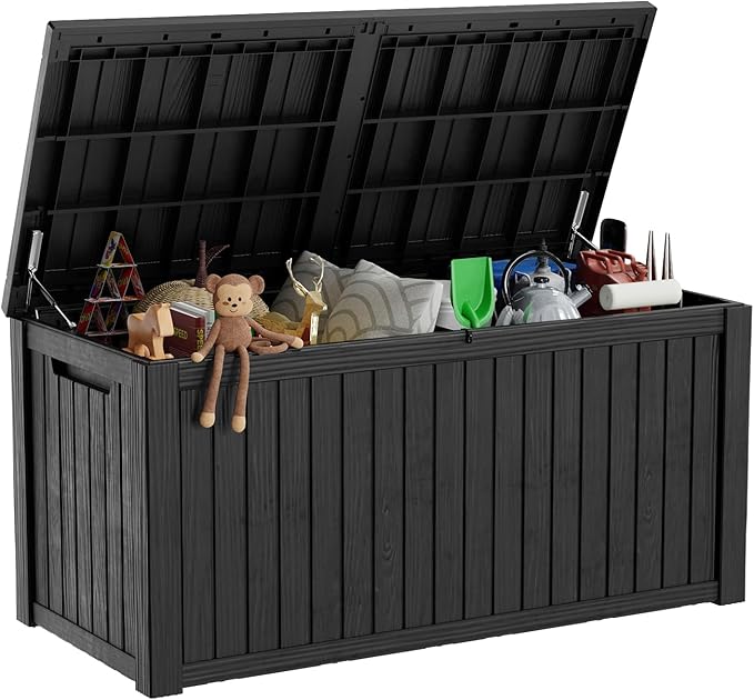 180 Gallon Deck Box,Resin Outdoor Storage Box with Lockable for Patio Furniture, Pool Accessories, Garden Tools Waterproof Outside Storage Box, Black-Ruum Studio Home