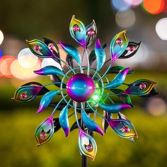 360°Peacock Solar Wind Spinner with Lights Blue Metal Garden Outdoor Decor Yard Lawn Art Decor for Patio Kinetic Windmills Unique Gifts for Friends and Family 51.9' H x 12.2'' Dia-Ruum Studio Home