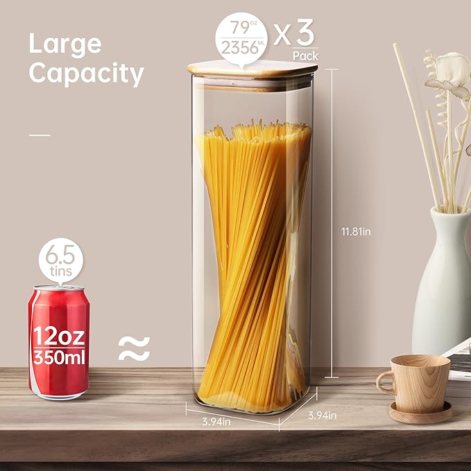 Square Glass Jars with Bamboo Lids 79 FL OZ [Set of 3], Glass Canisters with Airtight Lid, Glass Food Storage Containers for Spaghetti, Fettuccine, Linguine,Pasta, Best for Kitchen & Pantry-Ruum Studio Home