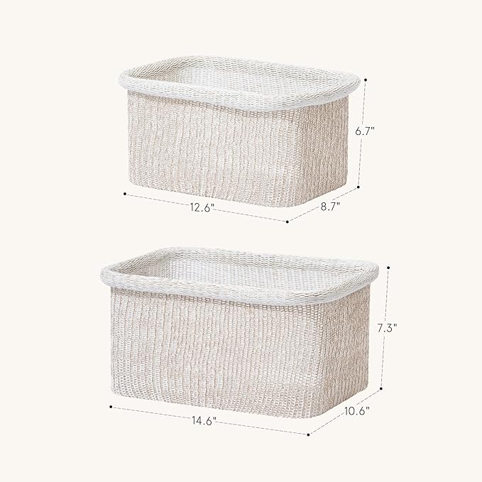 La Jolie Maison Blended Fabric Storage Baskets Set of 2, Rectangle Knitted Baskets for Organizing, Boho Decorative Baskets, Durable Finish, Oatmeal-Ruum Studio Home