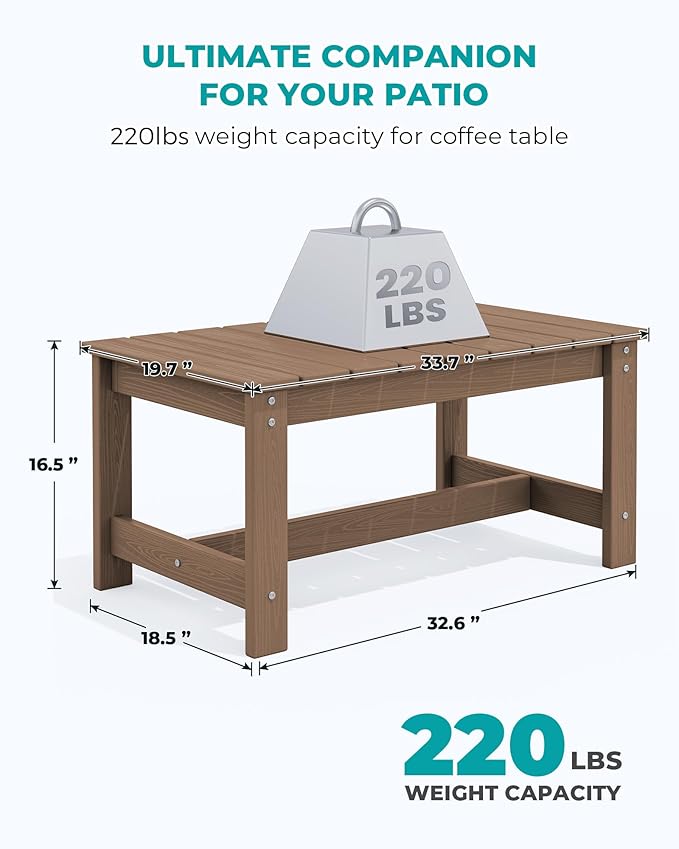 SERWALL Patio Coffee Table, HDPE Rectangle Outdoor Coffee Table, Brown-Ruum Studio Home