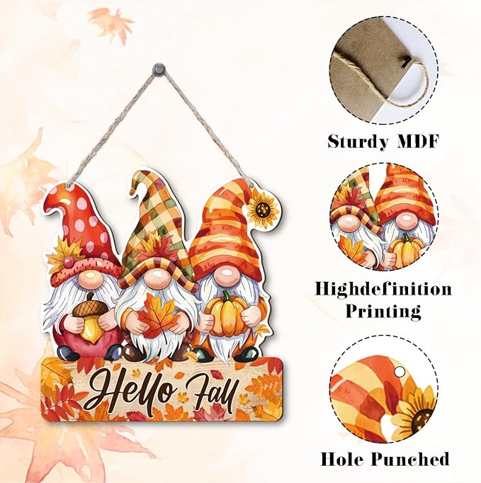 Hello Fall Wood Hanging Gnome Decoration, Autumn Wooden Signs, Rustic Thanksgiving Decoration, Home Interior And Exterior Decor, Autumn Harvest Thanksgiving Home Decor-Ruum Studio Home