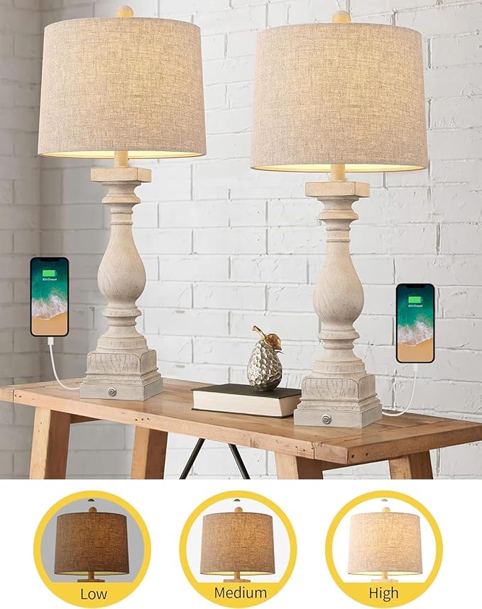 BOBOMOMO 27" Farmhouse 3-Way Dimmable Touch Control Table Lamp Set of 2 with USB A &USB C Charging Ports for Bedroom Living Room Vintage Rustic Traditional Nightstand Bedside Lamps (2 Bulbs Included)-Ruum Studio Home