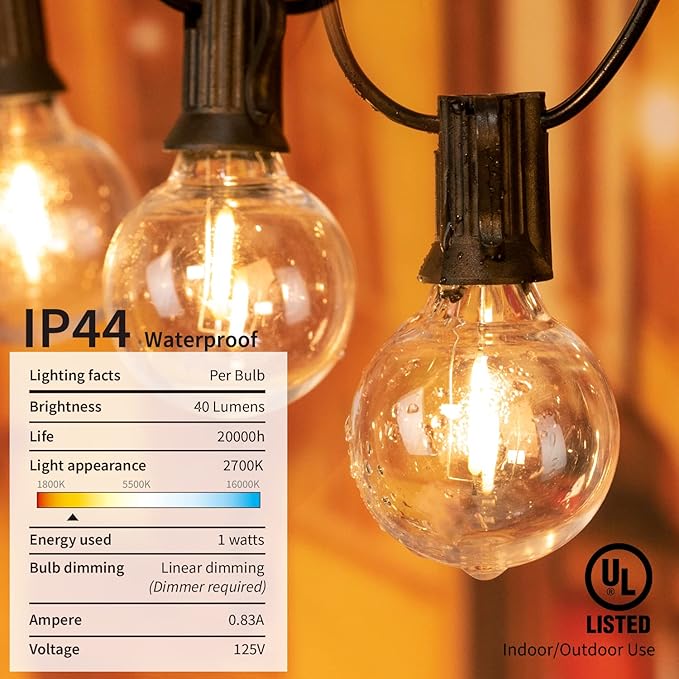 LED G40 Outdoor String Lights Patio Lights 100FT with 104 LED Shatterproof Bulbs, Weatherproof Commercial Hanging Lights for Backyard Bistro Pergola Party Decor, E12 Socket Base, 2200K, Black-Ruum Studio Home