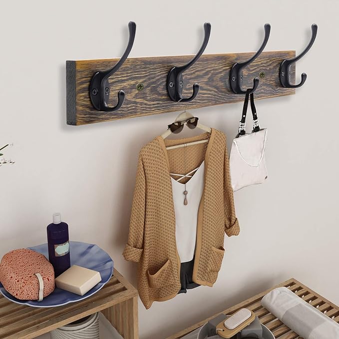 IBosins Wall Mounted Coat Rack, Entryway Hanging , Metal Wood Rack with 4 Black Literary Rustic Hooks Rail for Scarf, Bag, Towel, Key, Cap, Cup, Hat (Brown)-Ruum Studio Home