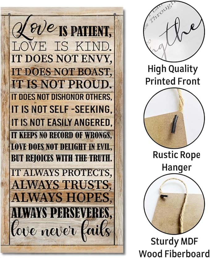 1 Corinthians 13:4-8 Inspirational Hanging Wood Decor Sign, Printed Wood Sign, Love is Patient, Love is Kind Quote, Hanging Bible Verses Woods Wall Signs, Rustic Home Decor Signs, Christian Gift E1-Ruum Studio Home