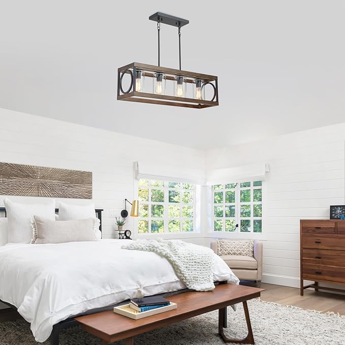 XINGQI Rectangle Chandeliers 31.5" Farmhouse Kitchen Island Lighting Fixture Over Table Modern Vintage Linear Hanging 4-Light for Dining Room Living Room Black Wood Grain Finish with Glass Lampshade-Ruum Studio Home
