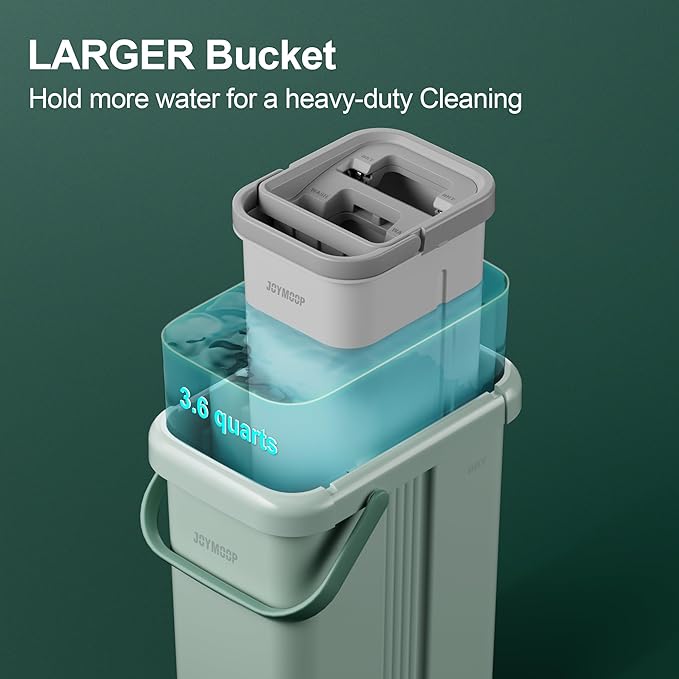 JOYMOOP Mop and Bucket with Wringer Set, Flat Squeeze Mop with Bucket (X-Large), Dust Mop for Wall Cleaner with Long Handle, Microfiber Mop - Green Bucket with 3 Reusable 15" Pads-Ruum Studio Home