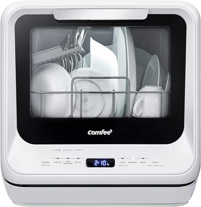 COMFEE' Portable Dishwasher Countertop with 5L Built-in Water Tank, No Hookup Needed, 6 Programs, 360° Dual Spray, 192℉ High-Temp& Air-Dry Function, Mini Dishwasher for RVs, White-Ruum Studio Home