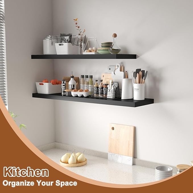 40 Inch Floating Shelf 1 Pack Large Floating Shelves for Wall No Drilling Accessories Included Deep Wall Shelves for Living Room Kitchen Farmhouse 40" W x 12" D x 1.2" Black-Ruum Studio Home