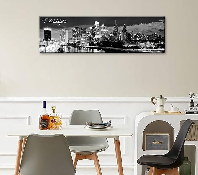 DJSYLIFE Philadelphia Skyline Canvas Art - 13.8"x47.3" Black & White Cityscape Wall Decor, Modern Panoramic Night View Print for Living Room, Office, Bedroom - Ready to Hang-Ruum Studio Home