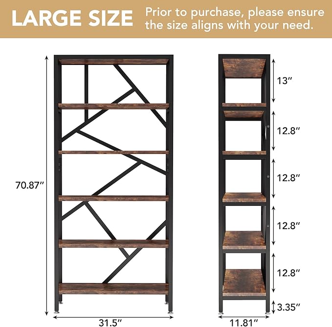 Tribesigns 71 Inch Industrial Bookshelf, 6 Shelf Etagere Bookcase, Free Standing Open Book Shelves Storage Display Shelf, Wood Shelving Units Organizer Rack for Bedroom Home Office Living Room-Ruum Studio Home