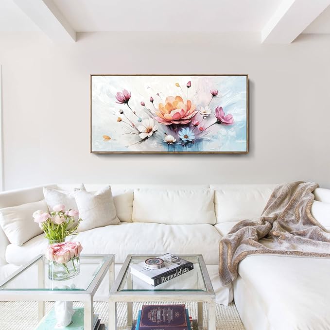 amatop Framed Floral Canvas Wall Art Picture Large Pink Blue Abstract Bloom Bouquet Print with Daisy Peony Elegant Botanical Nature Artwork for Living Room Bedroom Dining Room Entryway Decor 48x24 inch-Ruum Studio Home