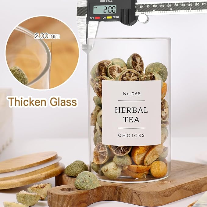 8 Pack Glass Jar with Airtight Bamboo Lid and White 132 Kichen Pantry Labels Preprinted - 21 Oz Clear Round Glass Food Storage Containers set For Tea Coffee Sugar Spice-Ruum Studio Home