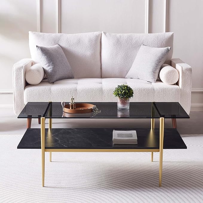 Rectangle Coffee Table for Living Room, Mid-Century Modern Design, L41 x W21 x H17, 2-Tier Structure, Clear Glass Top and Black Marble Wood Shelf, Conical Metal Legs with Gold Finish-Ruum Studio Home