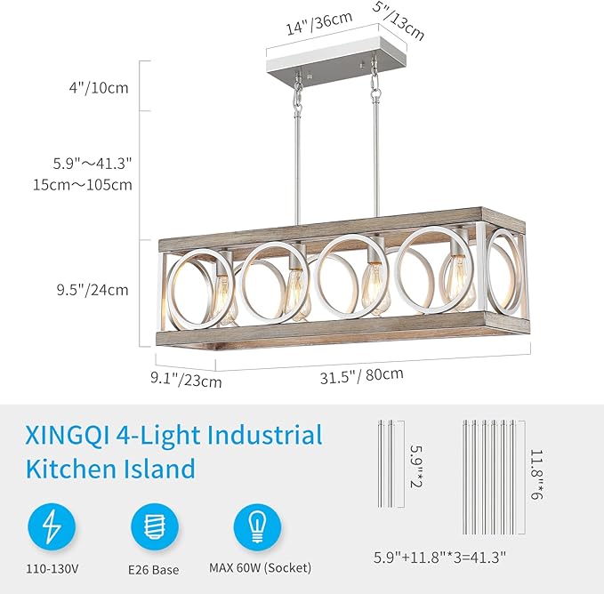 XINGQI Farmhouse Dining Room Chandeliers, Rectangle Vintage Hanging Lighting Fixtures, 4-Light Kitchen Island Lighting, Rustic Metal Chandelier Pendant Light, Antique Wood Grain XY082-Ruum Studio Home