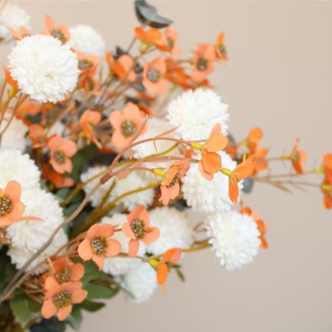 RyddeligHome Artificial White Kiku & Orange Wax Flowers, Bulk Silk Flowers with Long Stems for Vases, Spring Floral Stems Arrangements for Home Decor, Centerpieces for Tables, Rustic Decorations-Ruum Studio Home