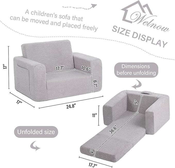 Welnow 2-in-1 Kids Sofa Chair, Convertible Toddler Chair Flip Out Children Sofa Chair Folding Kids Play Sofa with Side Pockets & Removable Cover Armrest Chair for Girl or Boy-Ruum Studio Home
