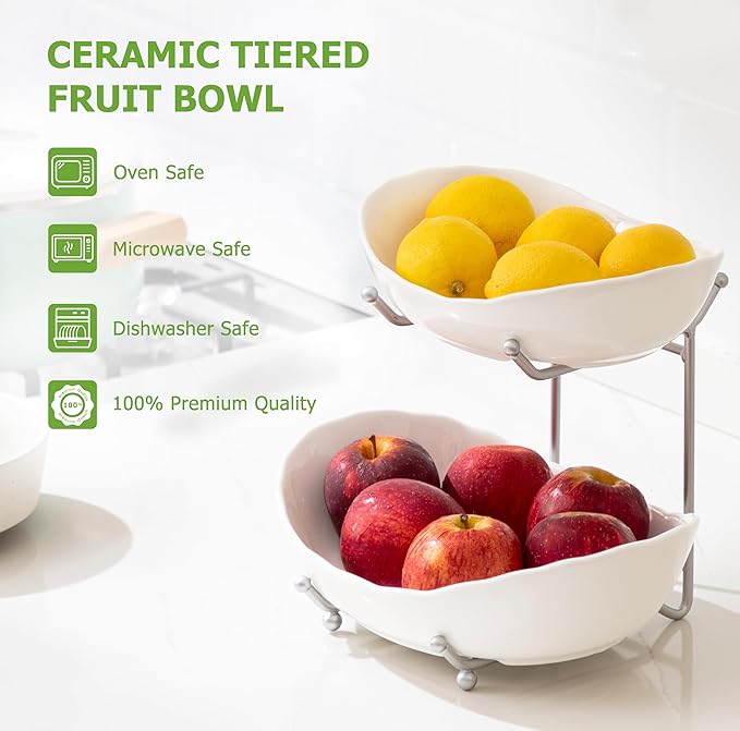 HBlife Fruit Bowl for Kitchen Counter - 2 Tier Ceramic Fruit Bowl with Metal Stand, Tiered Fruit Basket for Kitchen Counter, Serving Platters Serving Trays for Party-Ruum Studio Home