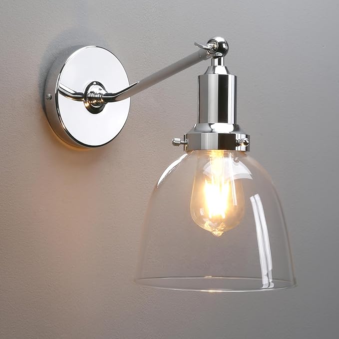 PERMO Industrial Vintage Wall Sconce Chrome Wall Sconce with 6.7" Oval Dome Clear Glass Shade Light Lamp Fixture-Ruum Studio Home