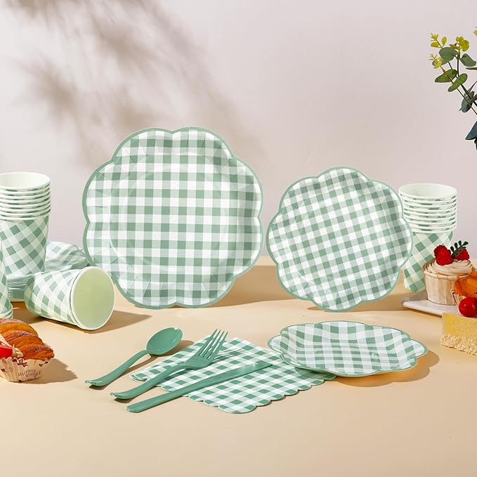 350 Pcs Sage Green Gingham Paper Plates and Napkins Party Supplies - Sage Green and White Checkered Plates Scalloped Plaid Plate for Birthday Dinner Picnic BBQ Party Decorations, Serve 50 Guests-Ruum Studio Home