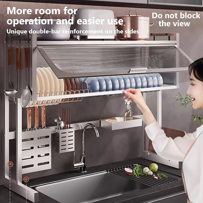 Home Furnishing Dish Rack Over Sink Stainless Steel Over The Sink Dish Drainer Drying Rack Space Kitchen Sink Rack Multifunctional countertop Dish Storage Rack Sink(White,65cm/25.6in)-Ruum Studio Home