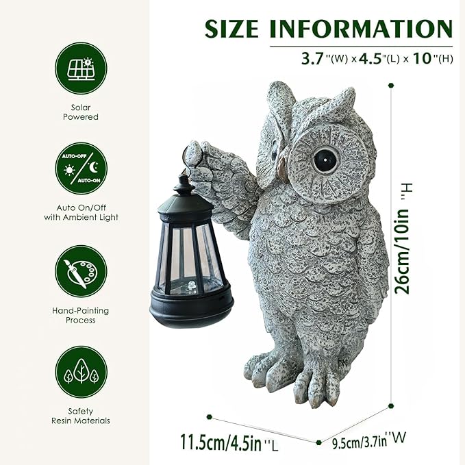 Garden Statues, owl Outdoor Figurines Decorated with Solar Lights, Unique Christmas Birthday Gifts for Moms, Grandmas, Women, Wives, Sisters (Grey Owl1)-Ruum Studio Home